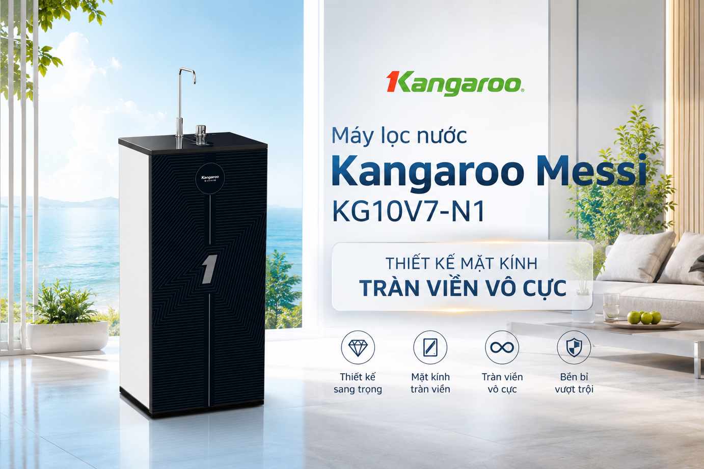 Máy lọc nước Kangaroo Messi KG10V7-N1 thiết kế mặt kính tràn viên